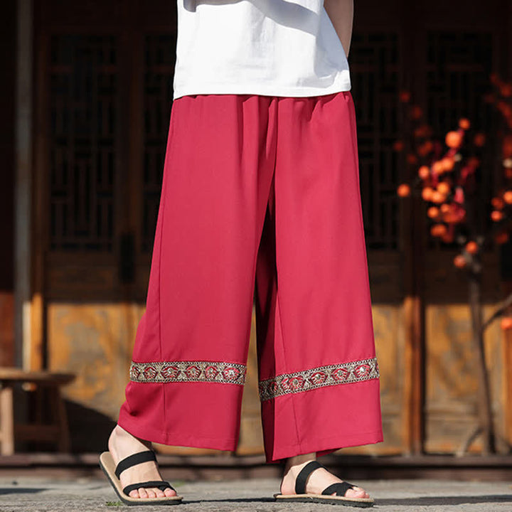 Buddha Stones Pantalones de hombre de algodón con dobladillo bordado, cintura elástica, pernera ancha y bolsillos, ideales para el verano. - image 11