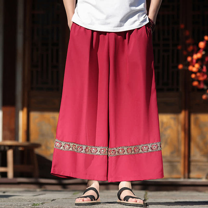 Buddha Stones Pantalones de hombre de algodón con dobladillo bordado, cintura elástica, pernera ancha y bolsillos, ideales para el verano. - image 8
