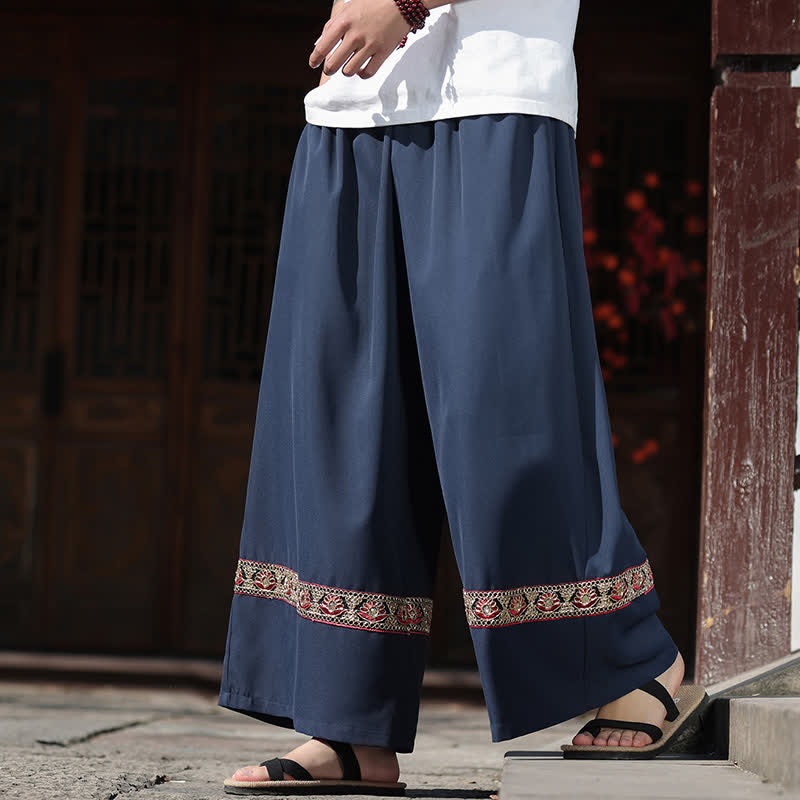 Buddha Stones Pantalones de hombre de algodón con dobladillo bordado, cintura elástica, pernera ancha y bolsillos, ideales para el verano. - image 0