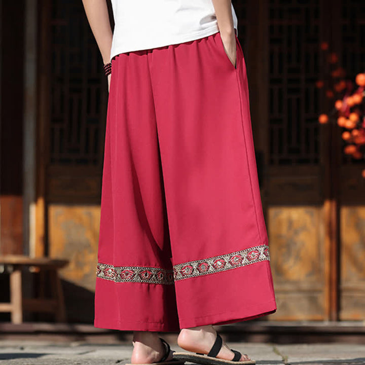 Buddha Stones Pantalones de hombre de algodón con dobladillo bordado, cintura elástica, pernera ancha y bolsillos, ideales para el verano. - image 9
