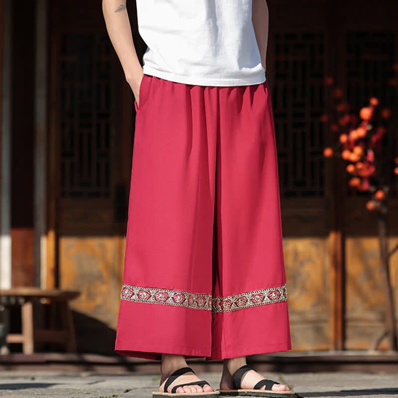 Buddha Stones Pantalones de hombre de algodón con dobladillo bordado, cintura elástica, pernera ancha y bolsillos, ideales para el verano. - image 7