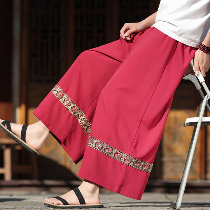 Buddha Stones Pantalones de hombre de algodón con dobladillo bordado, cintura elástica, pernera ancha y bolsillos, ideales para el verano. - image 10