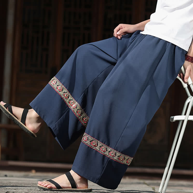 Buddha Stones Pantalones de hombre de algodón con dobladillo bordado, cintura elástica, pernera ancha y bolsillos, ideales para el verano. - image 3