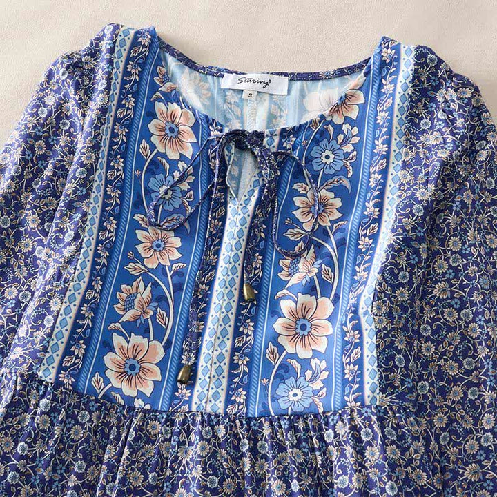 Buddha Stones Minivestido de mujer de algodón con estampado floral paisley estilo boho otoñal, mangas abullonadas y cuello con lazo. - image 2