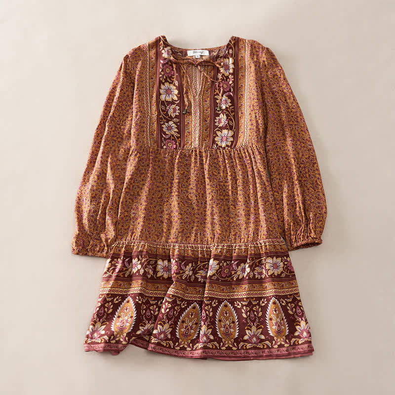 Buddha Stones Minivestido de mujer de algodón con estampado floral paisley estilo boho otoñal, mangas abullonadas y cuello con lazo. - Perú - US2, UK/AU6, EU34 (S) - image 6