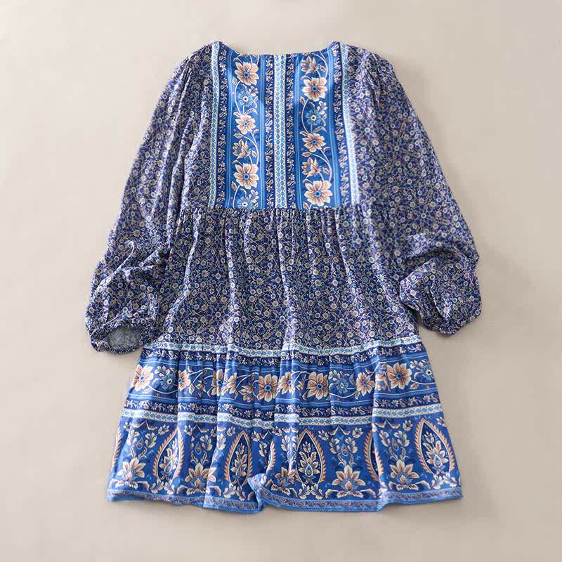 Buddha Stones Minivestido de mujer de algodón con estampado floral paisley estilo boho otoñal, mangas abullonadas y cuello con lazo. - Azul real - US2, UK/AU6, EU34 (S) - image 1