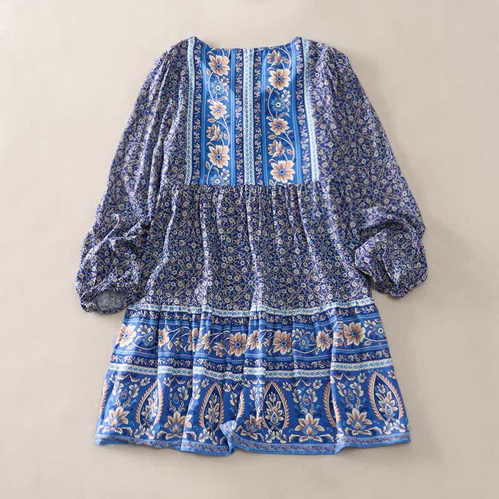 Buddha Stones Minivestido de mujer de algodón con estampado floral paisley estilo boho otoñal, mangas abullonadas y cuello con lazo. - Azul real - US2, UK/AU6, EU34 (S) - image 1