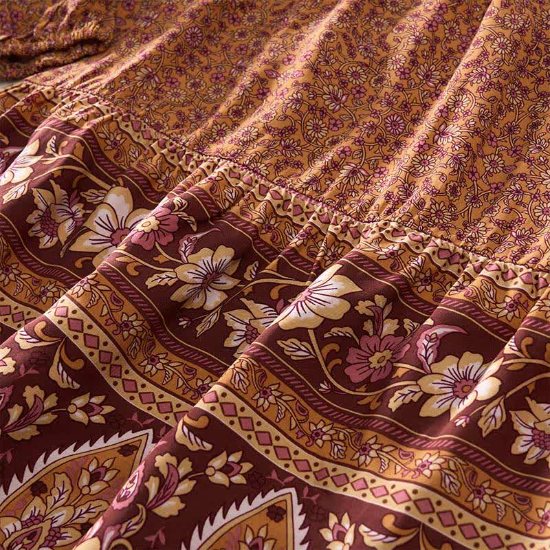 Buddha Stones Minivestido de mujer de algodón con estampado floral paisley estilo boho otoñal, mangas abullonadas y cuello con lazo. - image 10