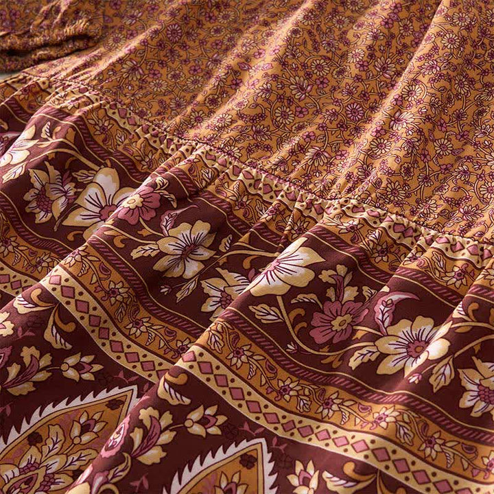Buddha Stones Minivestido de mujer de algodón con estampado floral paisley estilo boho otoñal, mangas abullonadas y cuello con lazo. - image 10