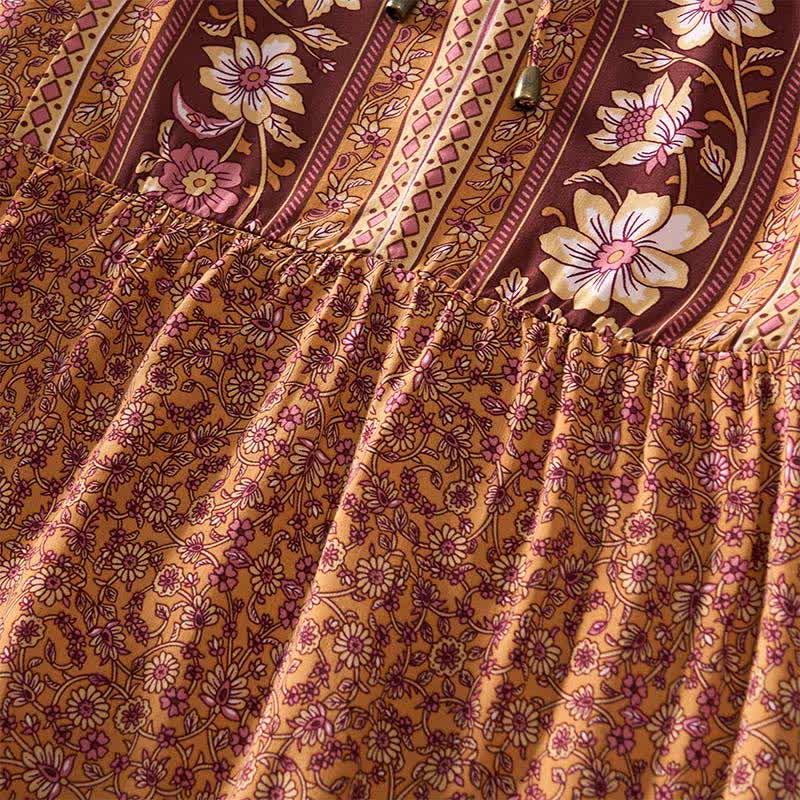 Buddha Stones Minivestido de mujer de algodón con estampado floral paisley estilo boho otoñal, mangas abullonadas y cuello con lazo. - image 9