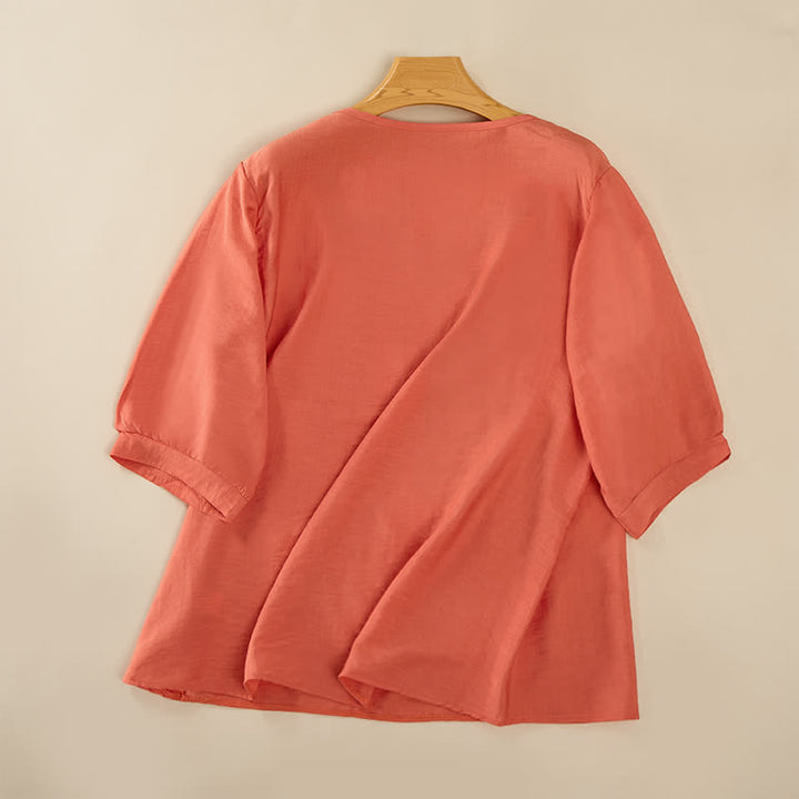 Buddha Stones Camisetas de manga tres cuartos para mujer, estilo bohemio primaveral, de algodón y lino, bordadas. - image 1