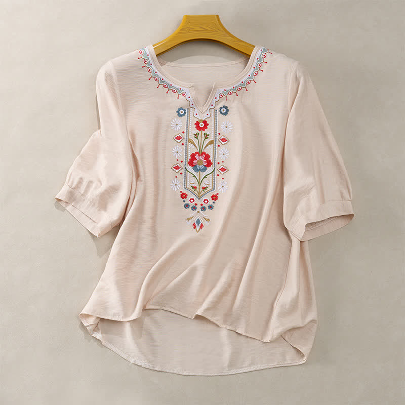 Buddha Stones Camisetas de manga tres cuartos para mujer, estilo bohemio primaveral, de algodón y lino, bordadas. - Beige - US16，UK/AU20，EU48 (3XL) - image 13
