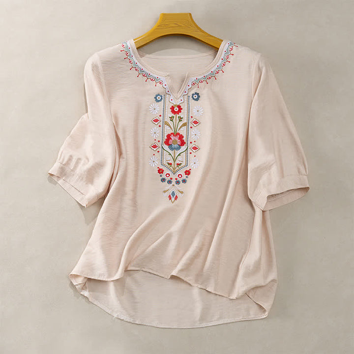 Buddha Stones Camisetas de manga tres cuartos para mujer, estilo bohemio primaveral, de algodón y lino, bordadas. - Beige - US16，UK/AU20，EU48 (3XL) - image 13