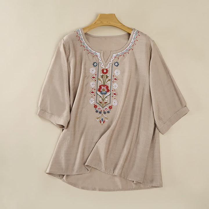Camisetas de manga tres cuartos para mujer con bordado de Buddha Stones y estilo bohemio primaveral. - Caqui oscuro - US16，UK/AU20，EU48 (3XL) - image 18