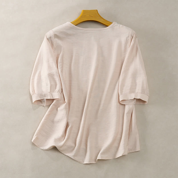 Buddha Stones Camisetas de manga tres cuartos para mujer, estilo bohemio primaveral, de algodón y lino, bordadas. - image 14