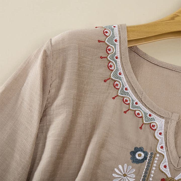 Buddha Stones Camisetas de manga tres cuartos para mujer, estilo bohemio primaveral, de algodón y lino, bordadas. - image 21