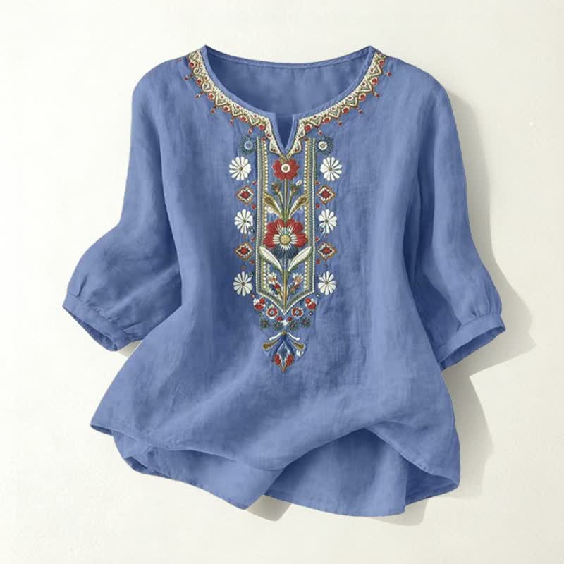 Buddha Stones Camisetas de manga tres cuartos para mujer, estilo bohemio primaveral, de algodón y lino, bordadas. - Azul vaquero - US16，UK/AU20，EU48 (3XL) - image 26