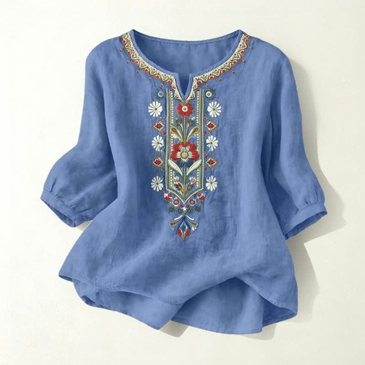 Buddha Stones Camisetas de manga tres cuartos para mujer, estilo bohemio primaveral, de algodón y lino, bordadas. - Azul vaquero - US16，UK/AU20，EU48 (3XL) - image 26