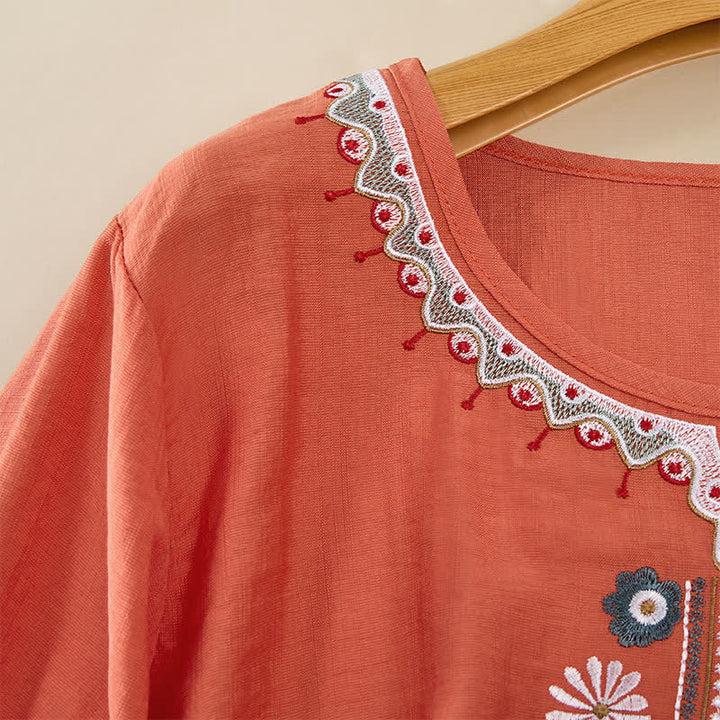 Buddha Stones Camisetas de manga tres cuartos para mujer, estilo bohemio primaveral, de algodón y lino, bordadas. - image 3