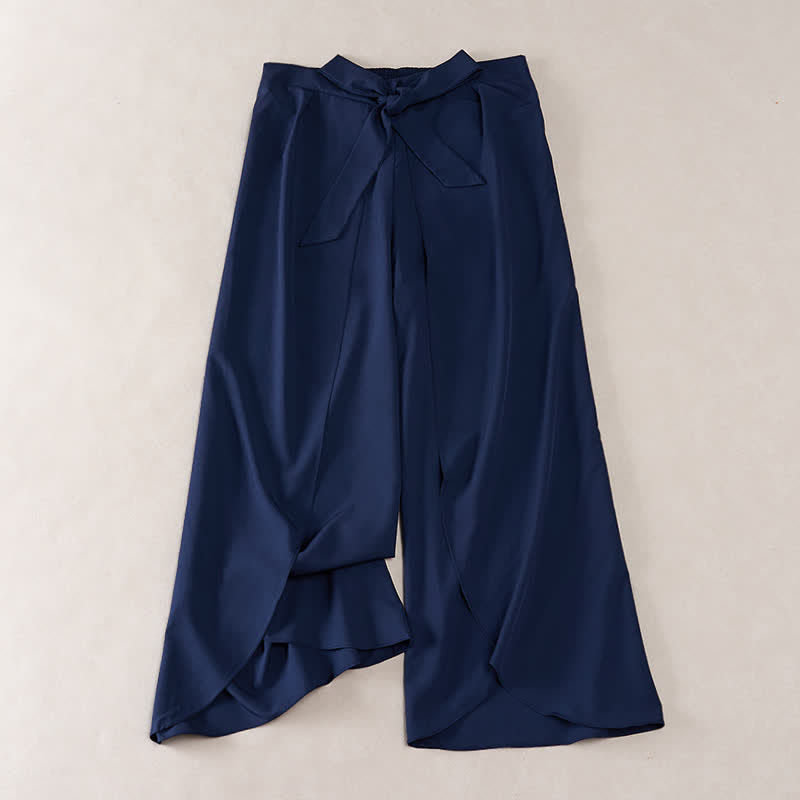 Buddha Stones Elegante pantalón de mujer de talle alto, pierna ancha, con abertura lateral, cordón ajustable y diseño de lazo. - Azul medianoche - US16，UK/AU20，EU48 (3XL) - image 10