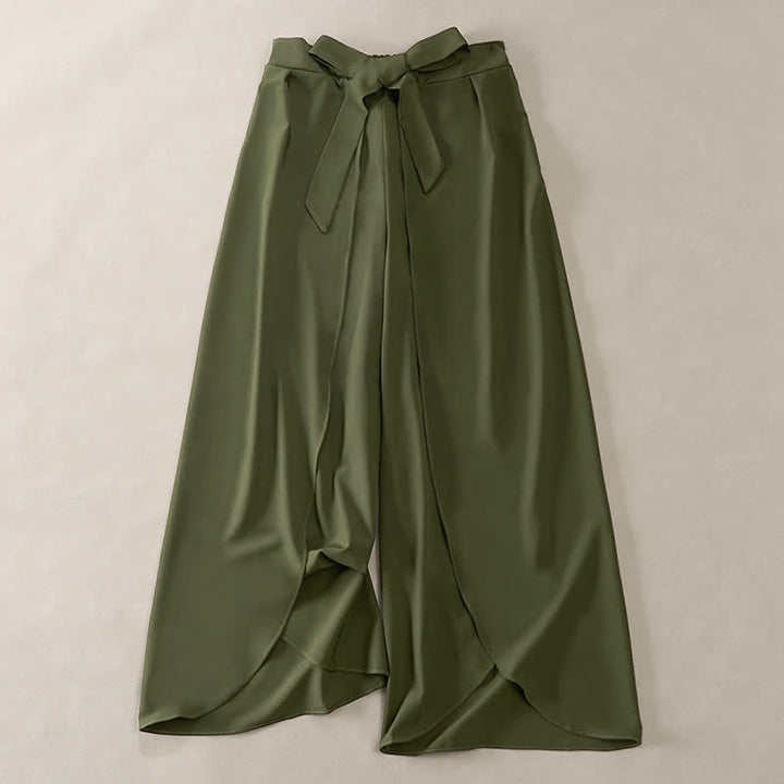 Buddha Stones Elegante pantalón de mujer de talle alto, pierna ancha, con abertura lateral, cordón ajustable y diseño de lazo. - Verde oliva oscuro - US16，UK/AU20，EU48 (3XL) - image 0