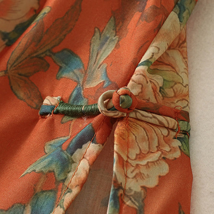 Buddha Stones Minivestido de manga corta con cuello alto, botones de rana y estampado floral. - image 12