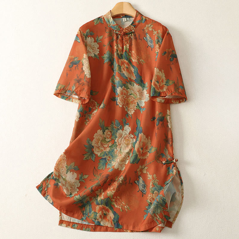 Buddha Stones Minivestido de manga corta con cuello alto, botones de rana y estampado floral. - Rojo anaranjado - US12, UK/AU16, EU44 (2XL) - image 8