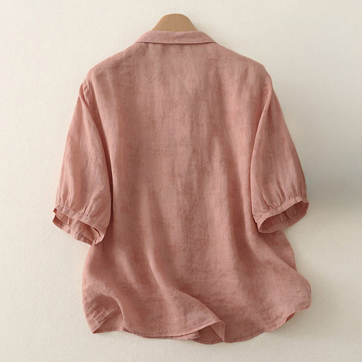 Buddha Stones Camisa de verano para mujer con cuello alto, diseño de botones bordados y mangas tres cuartos. - image 6