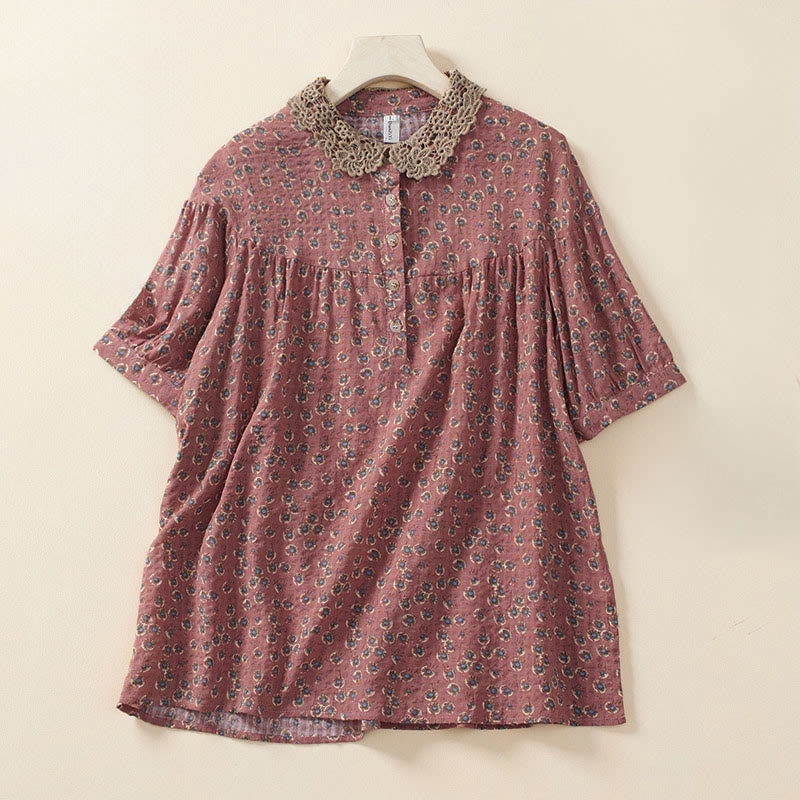 Buddha Stones Camisa de manga corta de algodón para mujer con diseño de botones frontales y estampado floral. - Coral claro - US8-10，UK/AU12-14，EU40-42 (2XL) - image 5