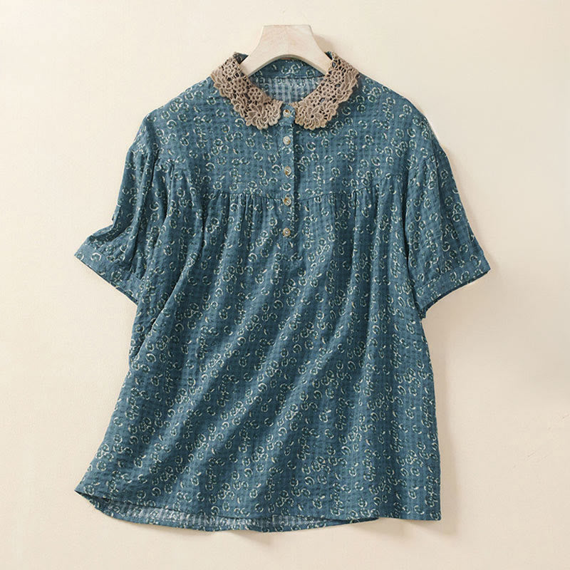 Buddha Stones Camisa de manga corta de algodón para mujer con diseño de botones frontales y estampado floral. - Azul acero - US8-10，UK/AU12-14，EU40-42 (2XL) - image 2