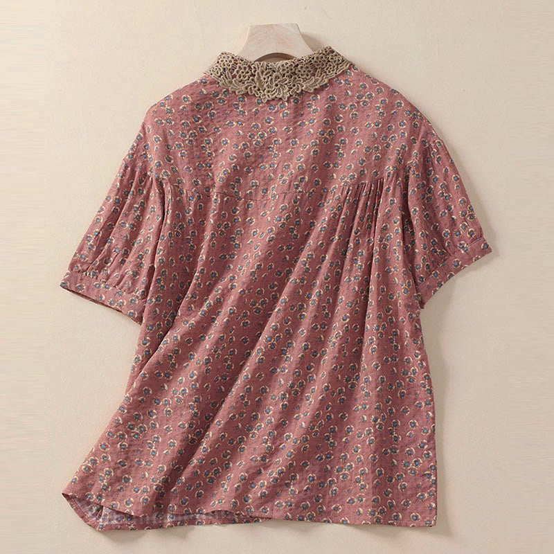 Buddha Stones Camisa de manga corta de algodón para mujer con diseño de botones frontales y estampado floral. - image 6