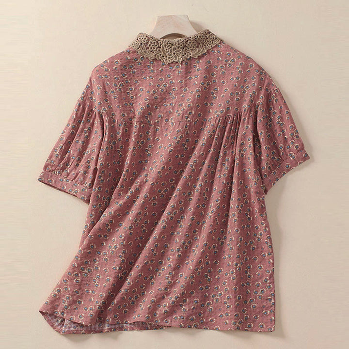 Buddha Stones Camisa de manga corta de algodón para mujer con diseño de botones frontales y estampado floral. - image 6