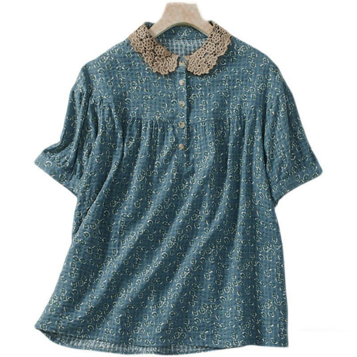 Buddha Stones Camisa de manga corta de algodón para mujer con diseño de botones frontales y estampado floral. - image 3