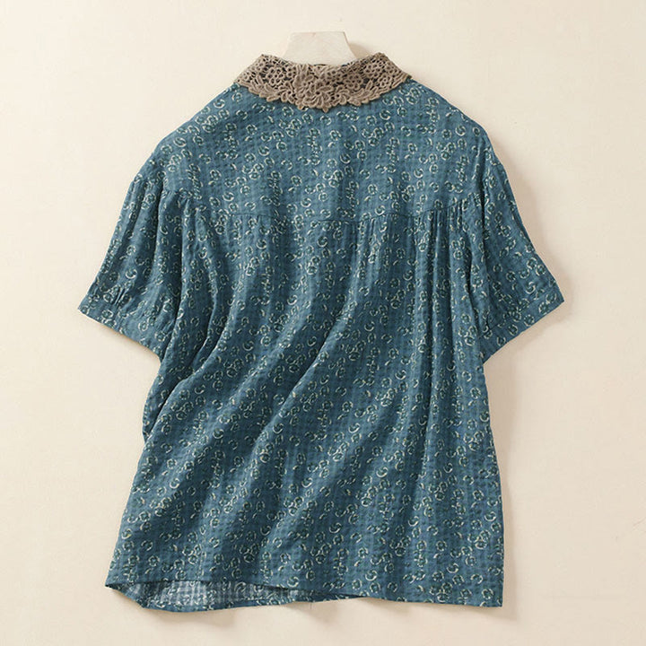 Buddha Stones Camisa de manga corta de algodón para mujer con diseño de botones frontales y estampado floral. - image 4