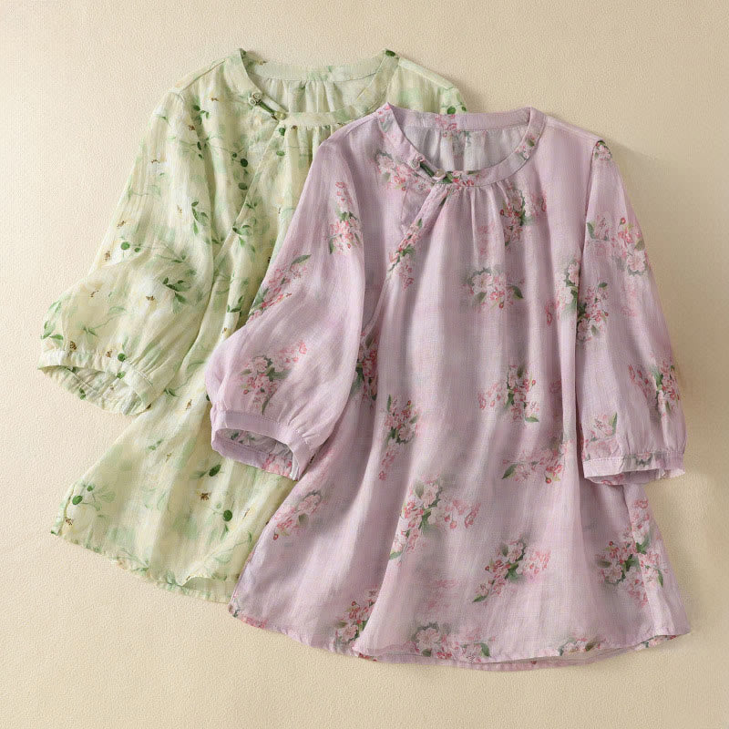 Buddha Stones Blusa informal de manga corta con cuello redondo, botones de rana y estampado floral para mujer. - image 15