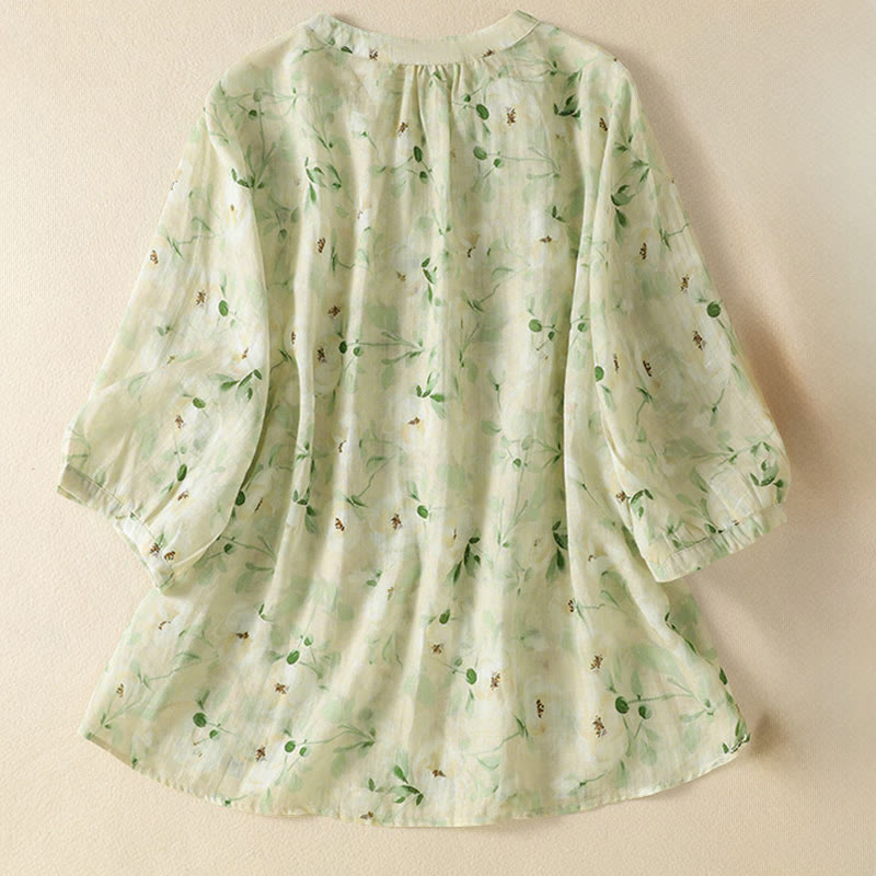 Buddha Stones Blusa informal de manga corta con cuello redondo, botones de rana y estampado floral para mujer. - image 1