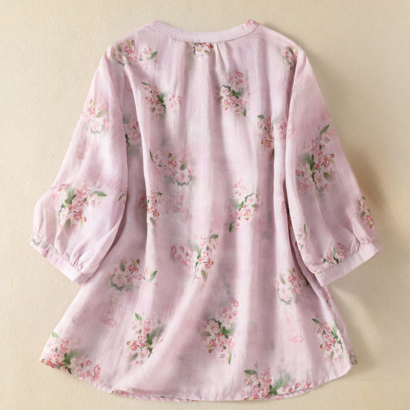 Buddha Stones Blusa informal de manga corta con cuello redondo, botones de rana y estampado floral para mujer. - image 8