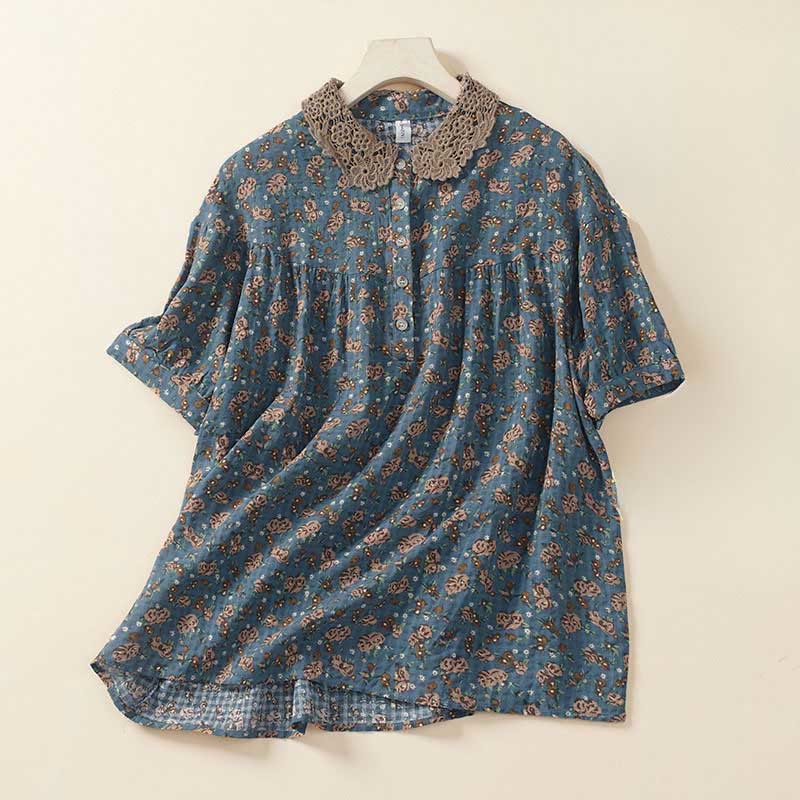 Buddha Stones Camisa de manga corta de algodón para mujer con diseño de botones frontales y estampado floral. - Azul cadete - US8-10，UK/AU12-14，EU40-42 (2XL) - image 0