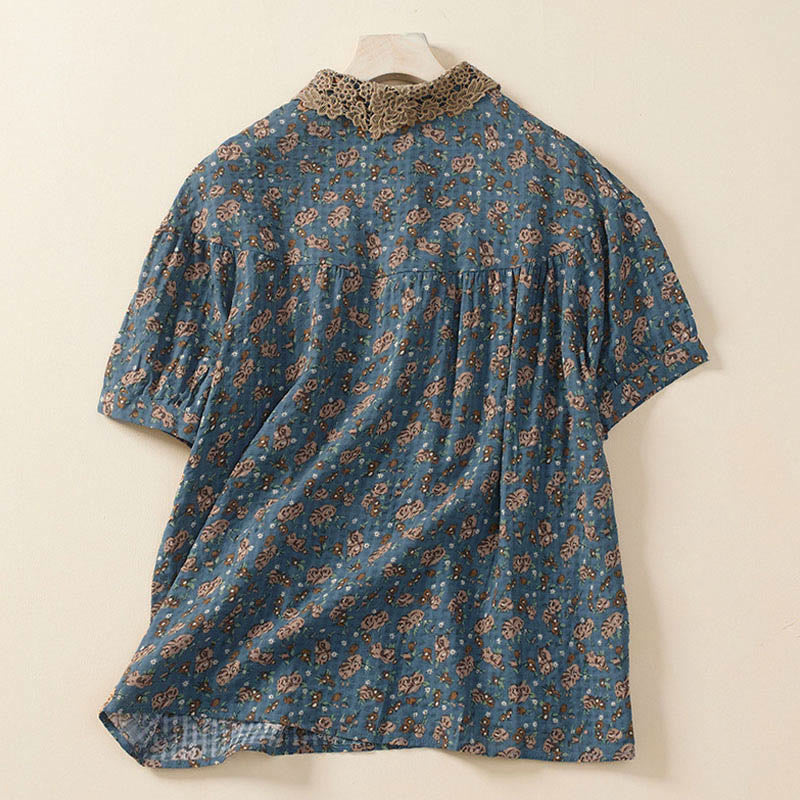 Buddha Stones Camisa de manga corta de algodón para mujer con diseño de botones frontales y estampado floral. - image 1