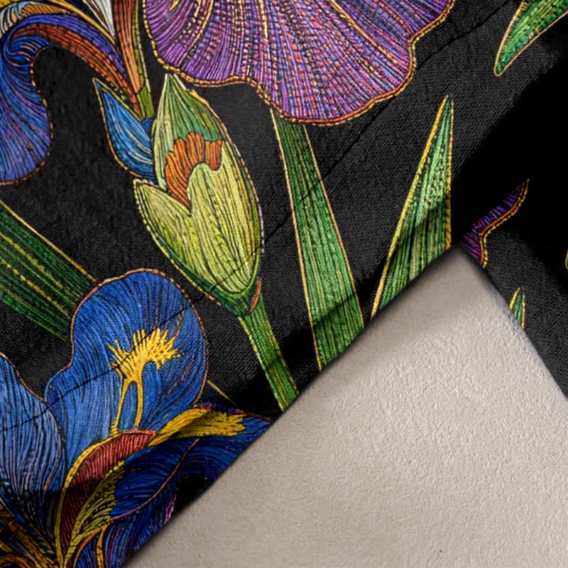 Buddha Stones Pantalones de mujer de algodón con estampado floral de iris colorido, cintura elástica con cordón ajustable y bolsillos. - image 1