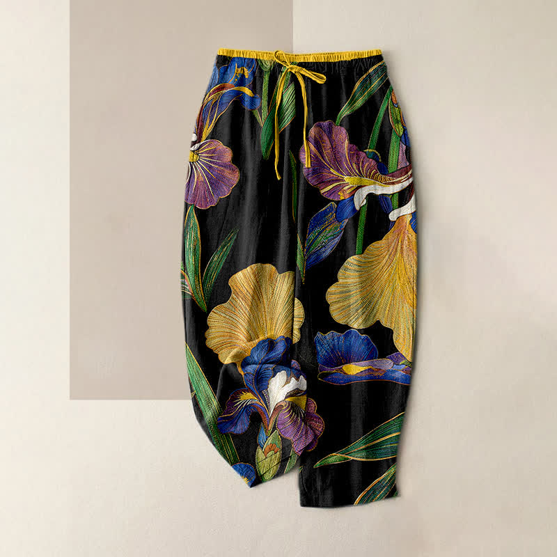 Buddha Stones Pantalones de mujer de algodón con estampado floral de iris colorido, cintura elástica con cordón ajustable y bolsillos. - Negro - US16，UK/AU20，EU48 (3XL) - image 0