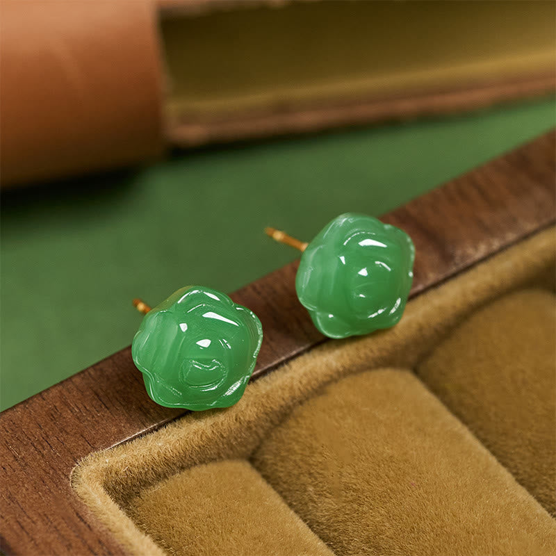 Buddha Stones Pendientes de plata de ley 925 con calcedonia verde en forma de rosa, símbolo de fuerza y ​​coraje. - Calcedonia verde (postes de plata de ley 925) - image 0