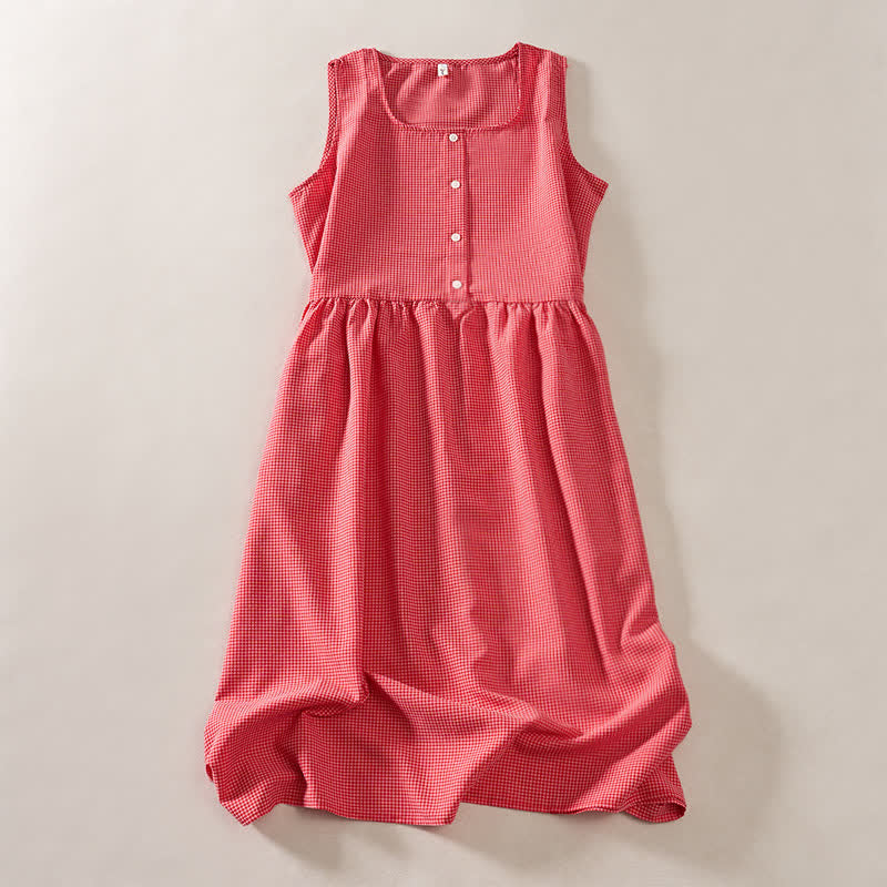 Buddha Stones Vestido de verano informal de corte A hasta la rodilla, sin mangas, con estampado de cuadros vichy color coral y bolsillos. - Coral - US14，UK/AU18，EU46 (2XL) - image 0