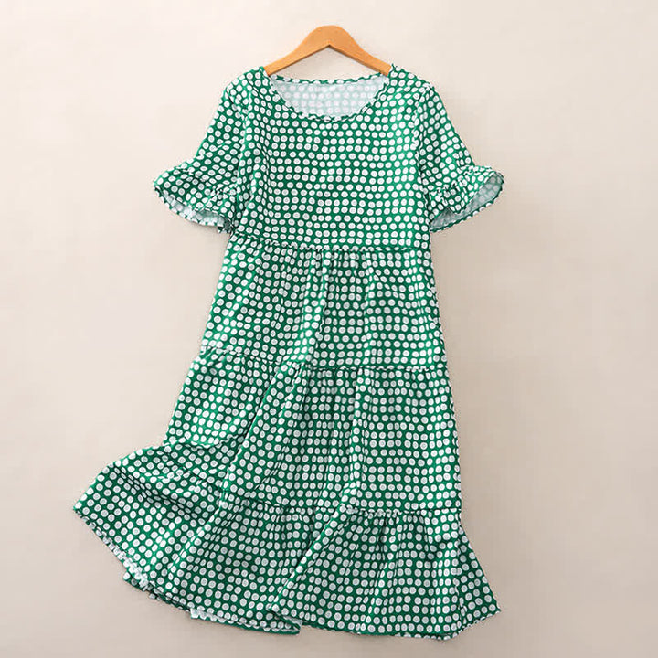Buddha Stones Vestido de verano elegante de corte A con volantes en el bajo y manga corta hasta la rodilla, estampado de lunares. - Verde mar medio - US16，UK/AU20，EU48 (3XL) - image 23