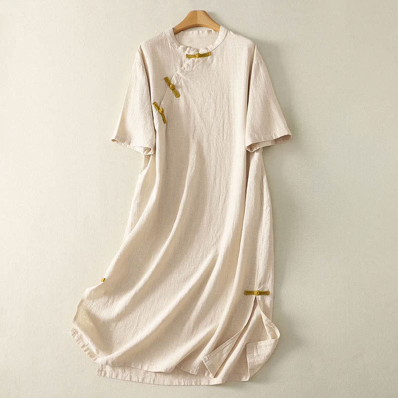 Buddha Stones Vestido de manga corta para mujer, largo hasta la rodilla, de algodón, con botones de rana y bolsillos, ideal para primavera. - Concha - US12, UK/AU16, EU44 (2XL) - image 0