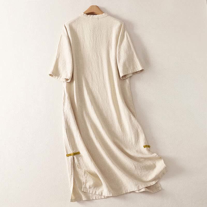 Buddha Stones Vestido de manga corta para mujer, largo hasta la rodilla, de algodón, con botones de rana y bolsillos, ideal para primavera. - image 1