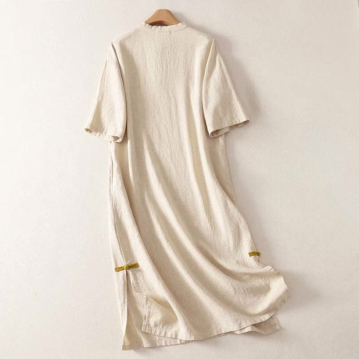 Buddha Stones Vestido de manga corta para mujer, largo hasta la rodilla, de algodón, con botones de rana y bolsillos, ideal para primavera. - image 1