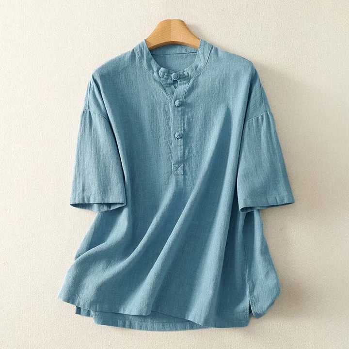 Buddha Stones Camisa de manga corta de algodón para mujer con cuello mao y botones, ideal para el verano. - Azul claro - US8-10，UK/AU12-14，EU40-42 (2XL) - image 0