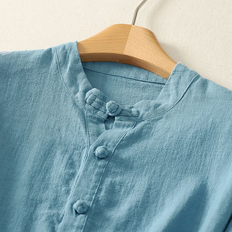 Buddha Stones Camisa de manga corta de algodón para mujer con cuello mao y botones, ideal para el verano. - image 1