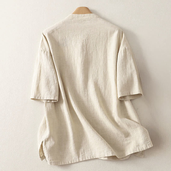 Buddha Stones Camisa de manga corta de algodón para mujer con cuello mao y botones, ideal para el verano. - image 6